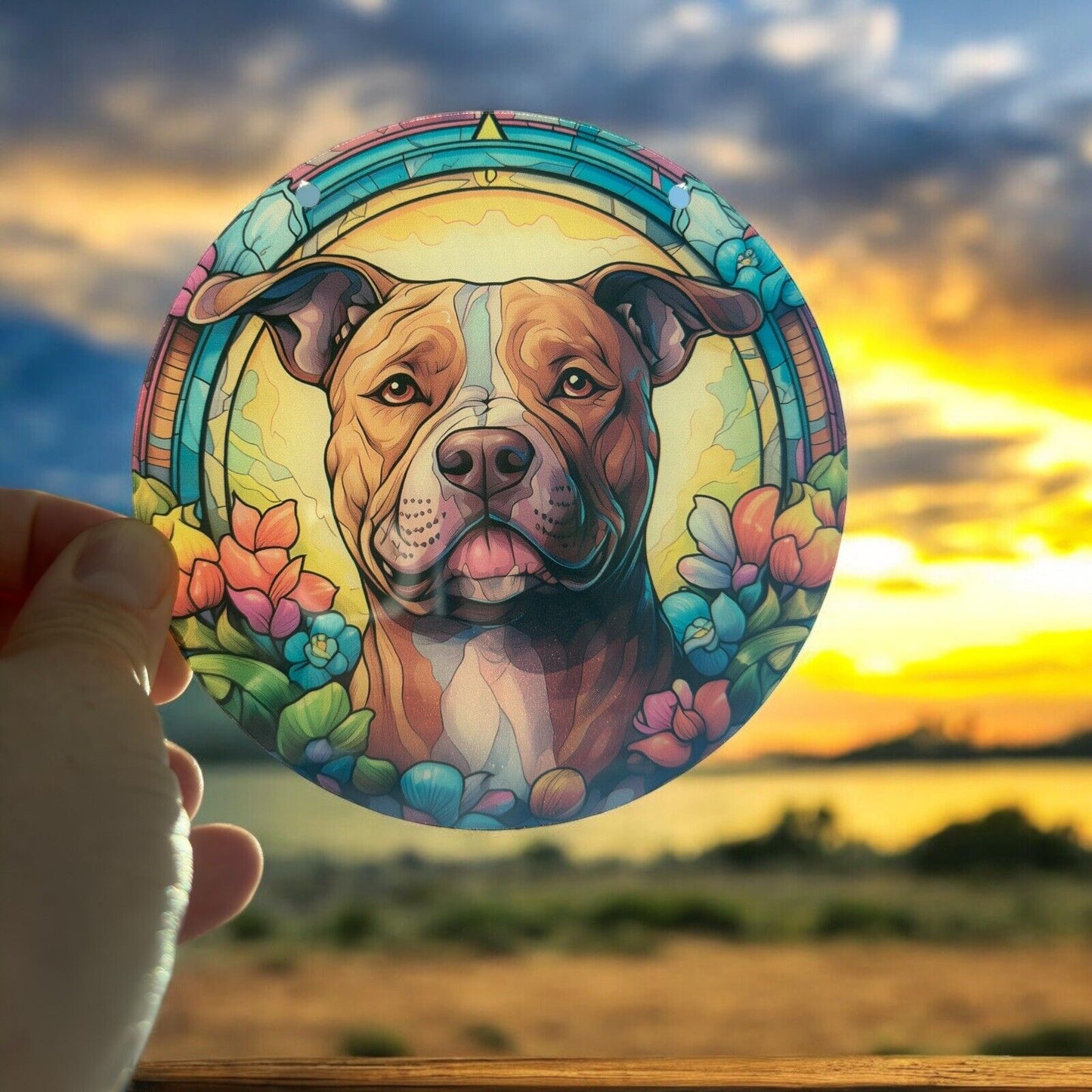 Dog stained glass acrylic suncatcher with a vibrant, colorful background.