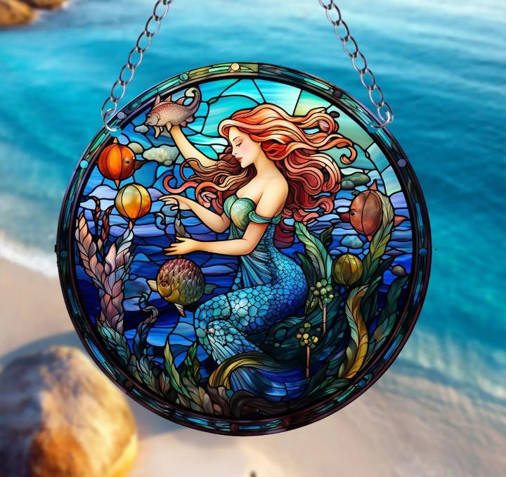 Stained glass acrylic suncatcher, mermaid underwater blue ocean design #2.