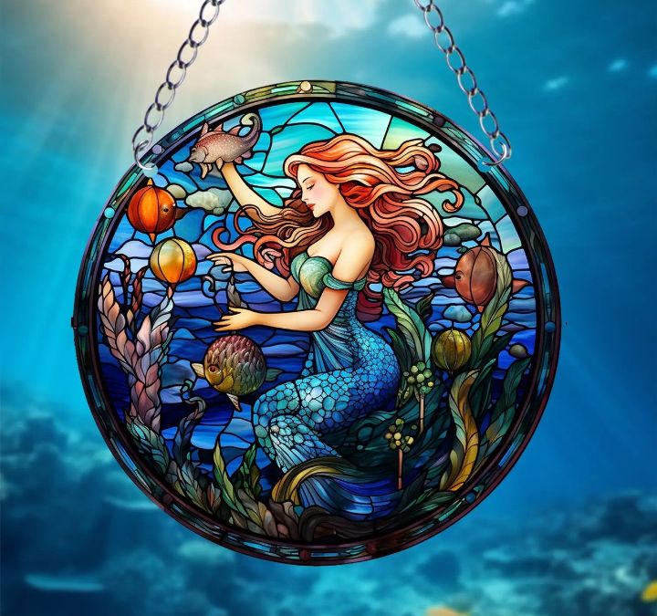 Stained glass acrylic suncatcher, mermaid underwater blue ocean design #2.