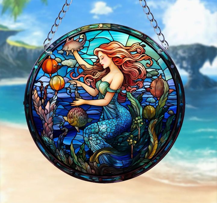 Stained glass acrylic suncatcher, mermaid underwater blue ocean design #2.