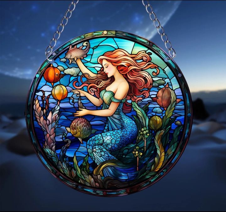 Stained glass acrylic suncatcher, mermaid underwater blue ocean design #2.