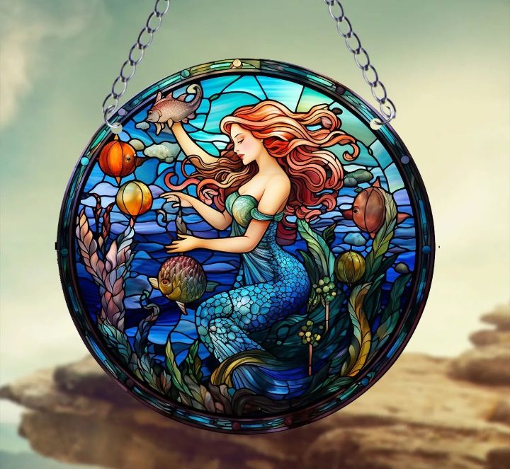 Stained glass acrylic suncatcher, mermaid underwater blue ocean design #2.