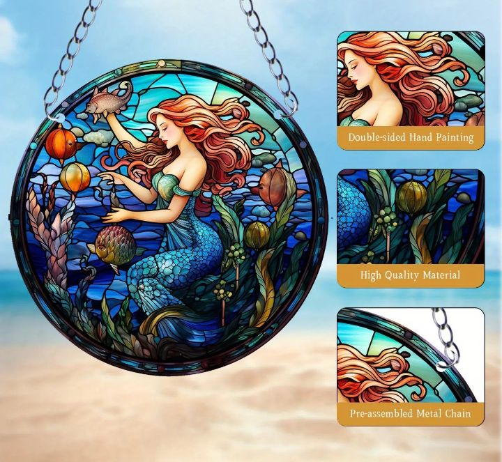 Stained glass acrylic suncatcher, mermaid underwater blue ocean design #2.