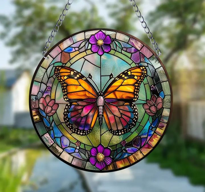 Stained glass acrylic butterfly suncatcher with purple flowers.