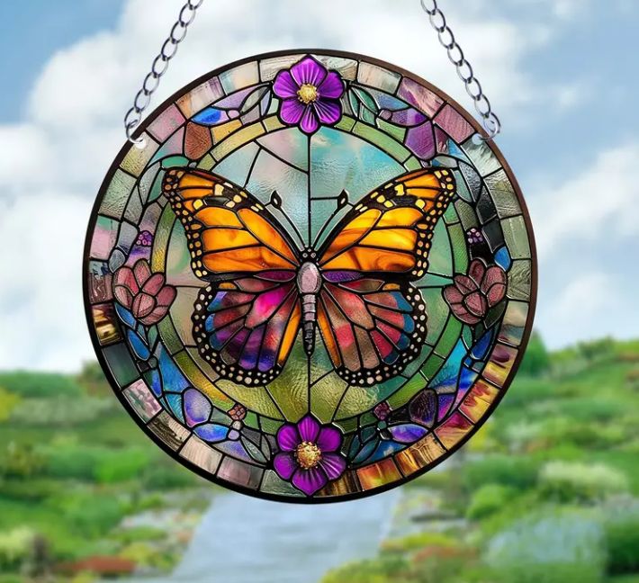 Stained glass acrylic butterfly suncatcher with purple flowers.