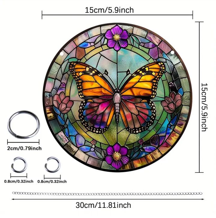 Stained glass acrylic butterfly suncatcher with purple flowers.