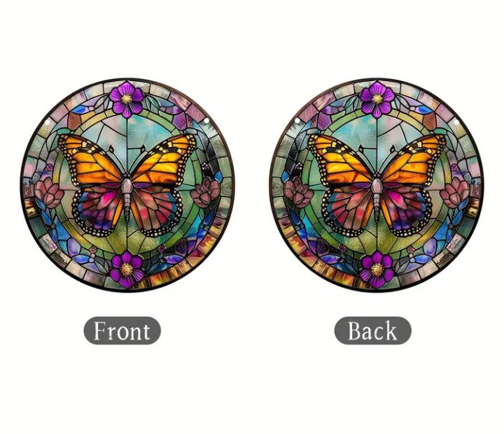 Stained glass acrylic butterfly suncatcher with purple flowers.