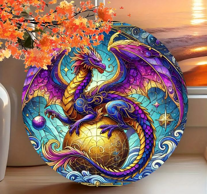 Metal sign featuring a dragon with ball, perfect for displaying