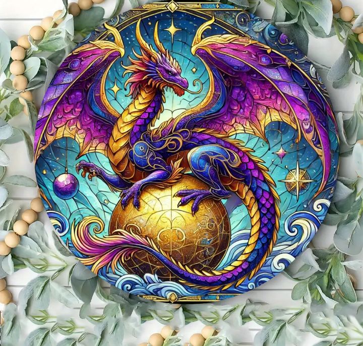 Metal sign featuring a dragon with ball, perfect for displaying