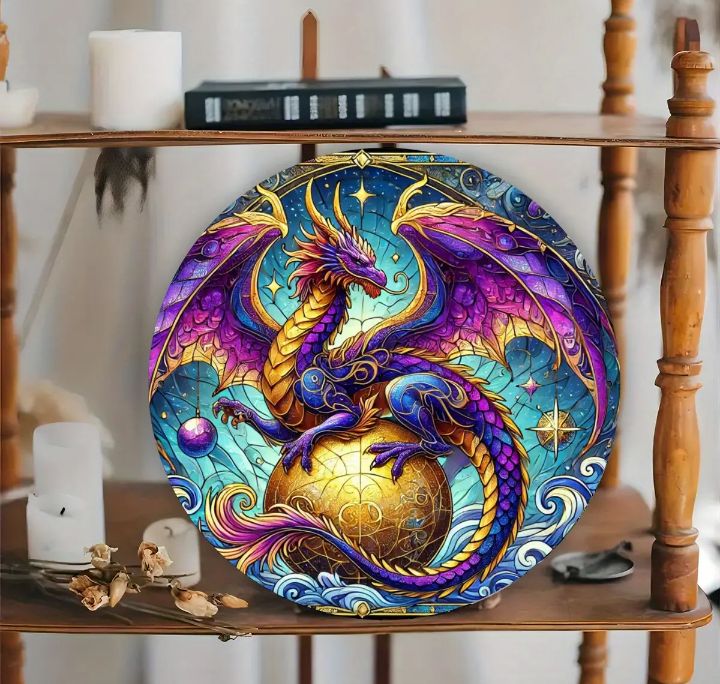 Metal sign featuring a dragon with ball, perfect for displaying