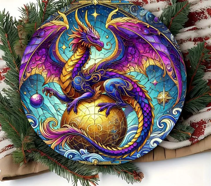 Metal sign featuring a dragon with ball, perfect for displaying