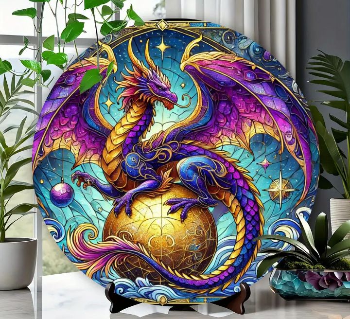 Metal sign featuring a dragon with ball, perfect for displaying