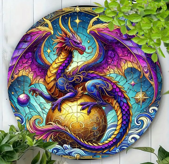 Metal sign featuring a dragon with ball, perfect for displaying