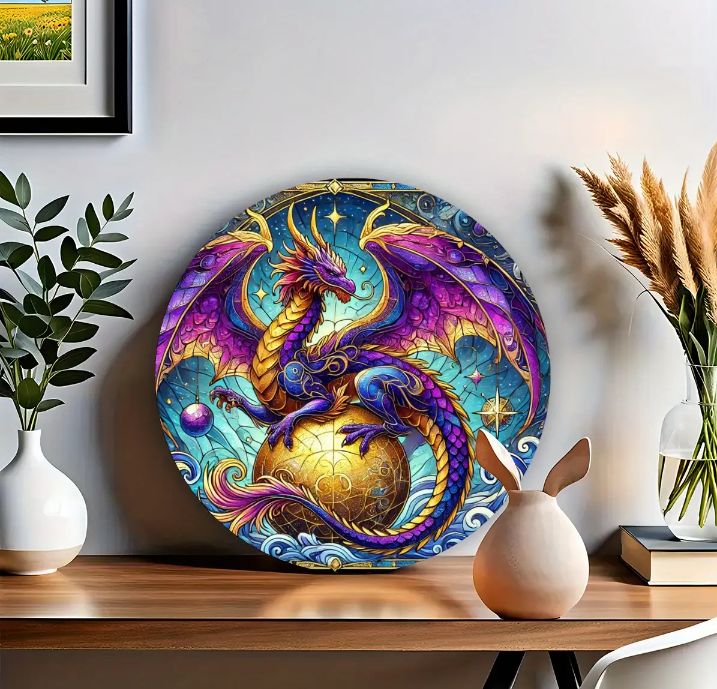 Metal sign featuring a dragon with ball, perfect for displaying