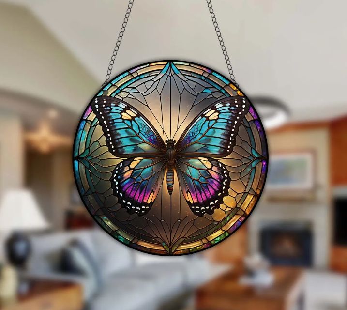 Blue and purple butterfly stained glass acrylic suncatcher, #10 design.