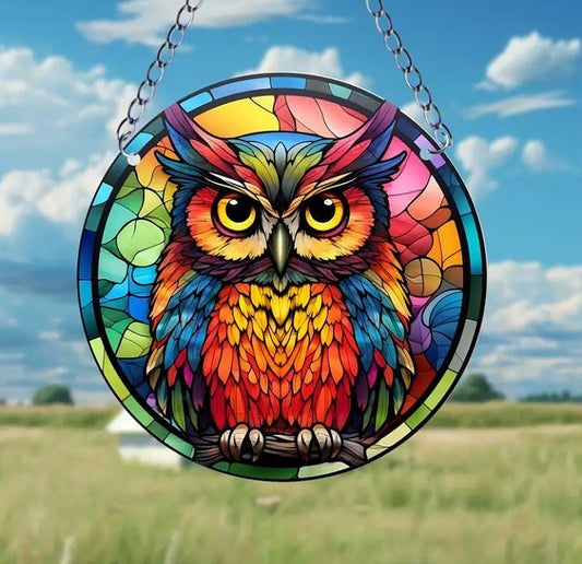 Stained glass acrylic suncatcher, colorful owl design #2.