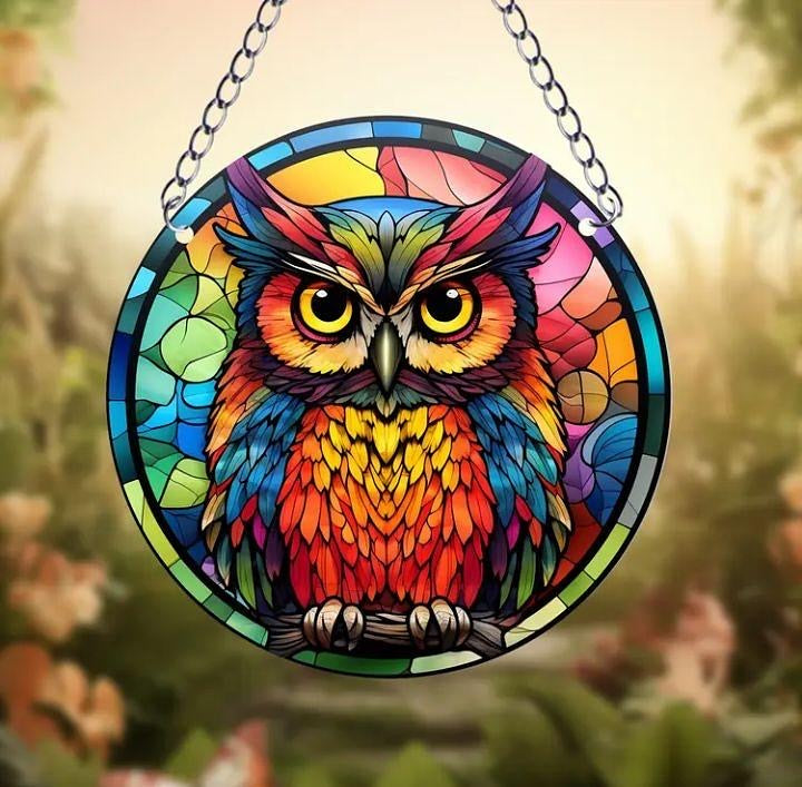 Stained glass acrylic suncatcher, colorful owl design #2.