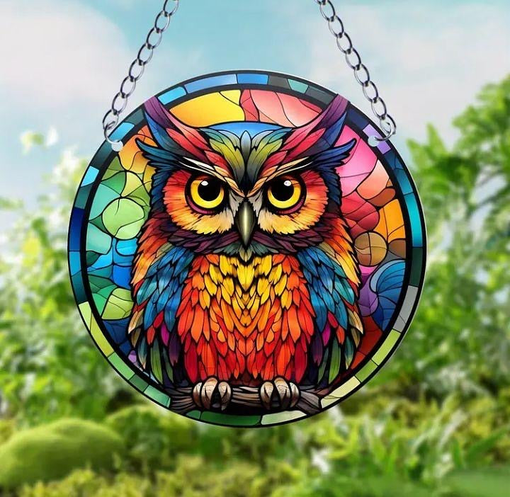 Stained glass acrylic suncatcher, colorful owl design #2.