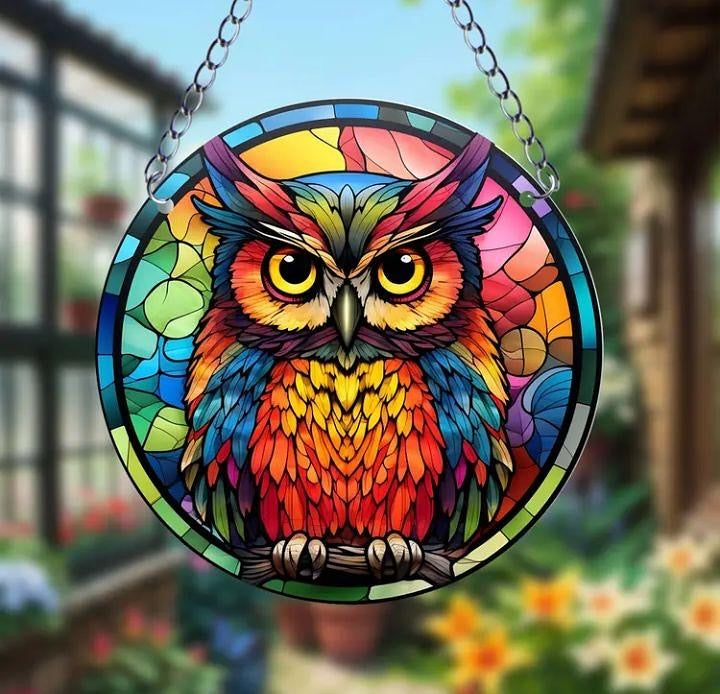 Stained glass acrylic suncatcher, colorful owl design #2.