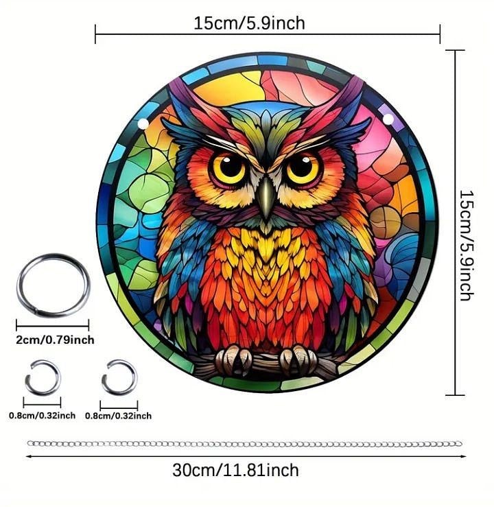 Stained glass acrylic suncatcher, colorful owl design #2.