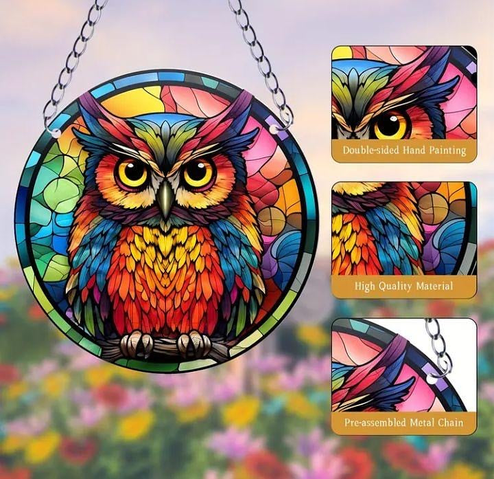 Stained glass acrylic suncatcher, colorful owl design #2.