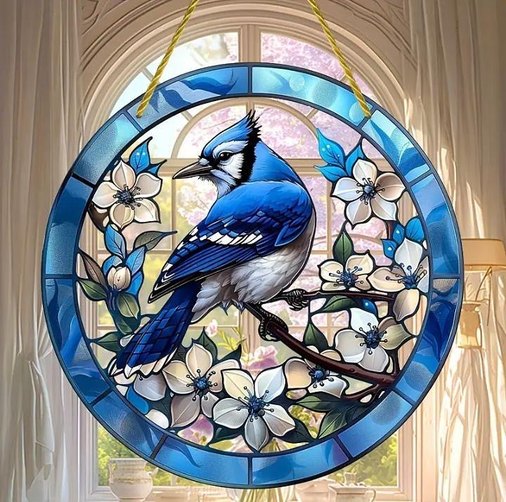 Stained glass acrylic suncatcher, large bluejay design, # 9.