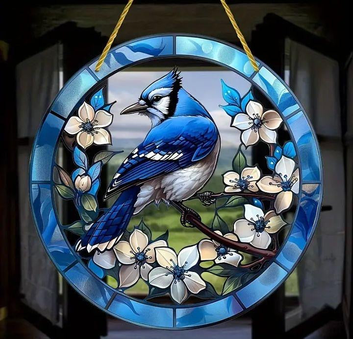 Stained glass acrylic suncatcher, large bluejay design, # 9.