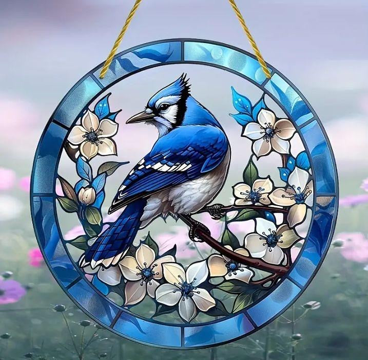 Stained glass acrylic suncatcher, large bluejay design, # 9.