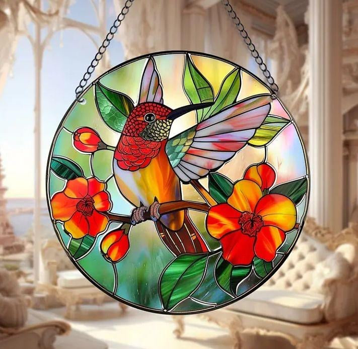 Stained glass acrylic suncatcher with bird and red flower design #13.