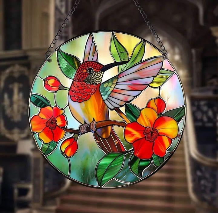 Stained glass acrylic suncatcher with bird and red flower design #13.