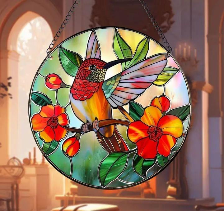 Stained glass acrylic suncatcher with bird and red flower design #13.