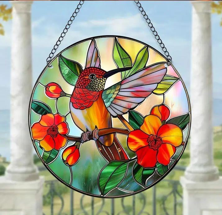 Stained glass acrylic suncatcher with bird and red flower design #13.