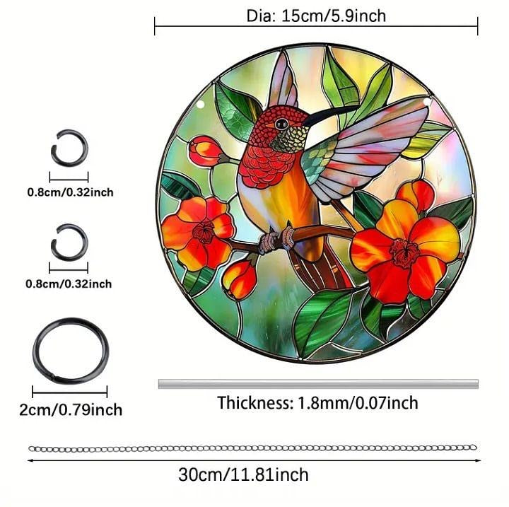 Stained glass acrylic suncatcher with bird and red flower design #13.