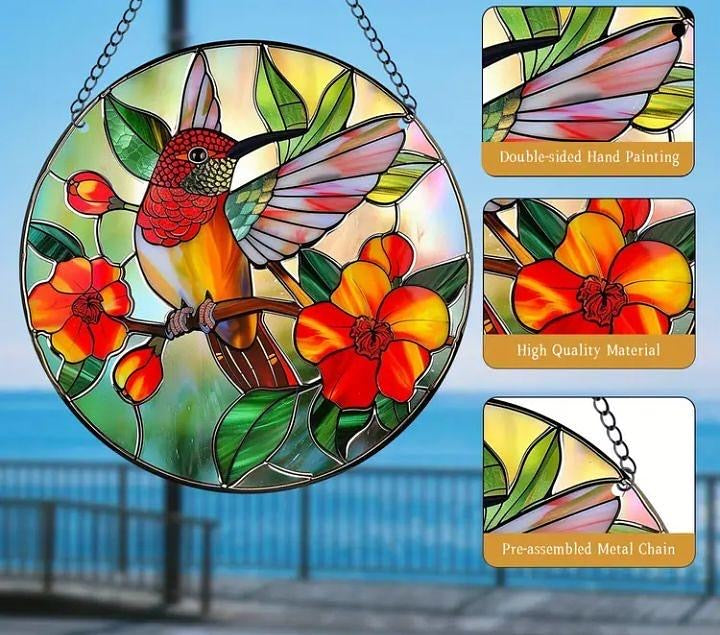 Stained glass acrylic suncatcher with bird and red flower design #13.