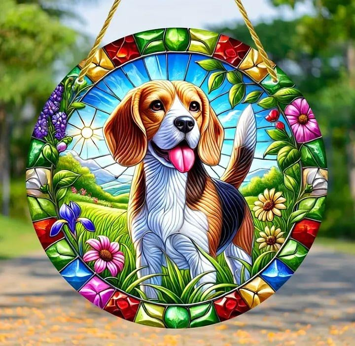 Stained glass acrylic suncatcher featuring dog design, model number 10.