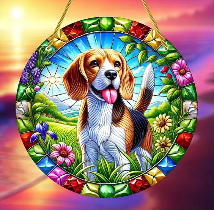 Stained glass acrylic suncatcher featuring dog design, model number 10.