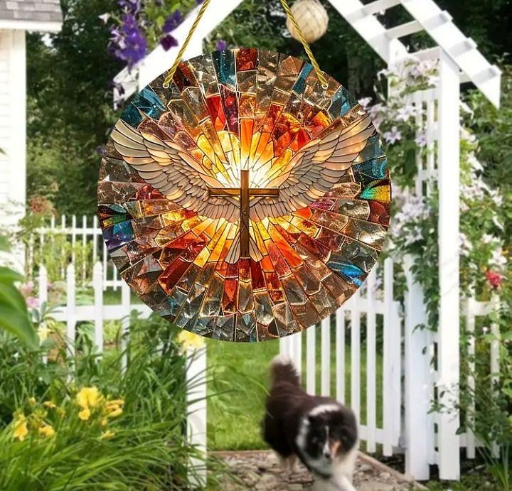 Stained glass acrylic suncatcher cross, angel design, number 2.