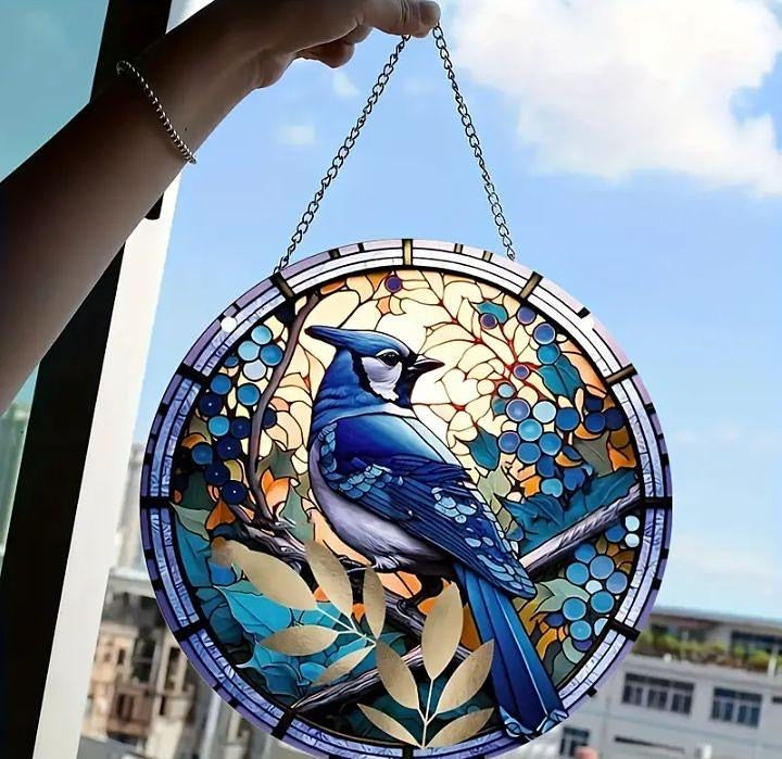 Stained glass acrylic suncatcher, Bluejay design, No. 7.