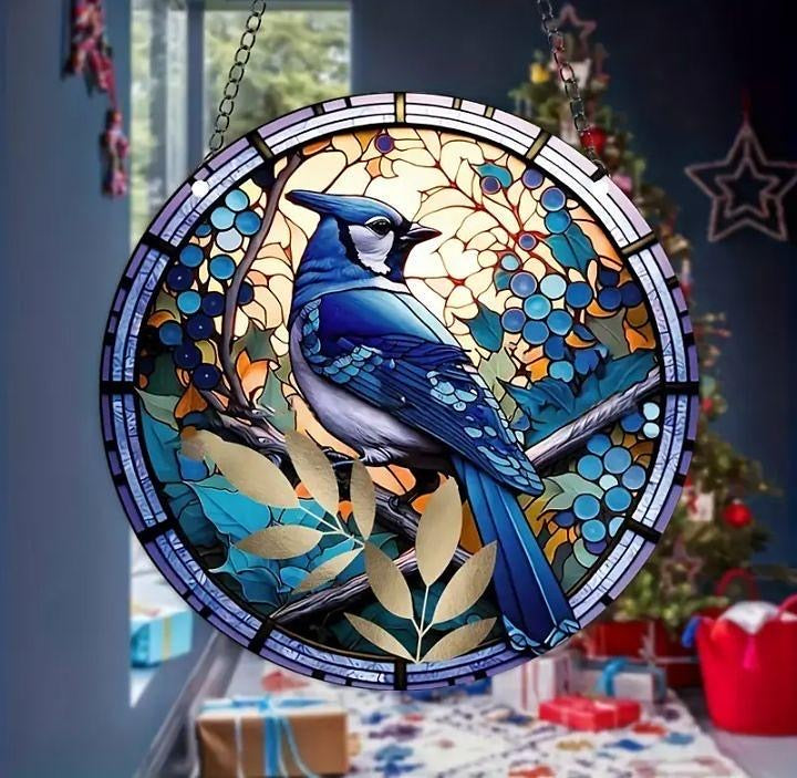 Stained glass acrylic suncatcher, Bluejay design, No. 7.