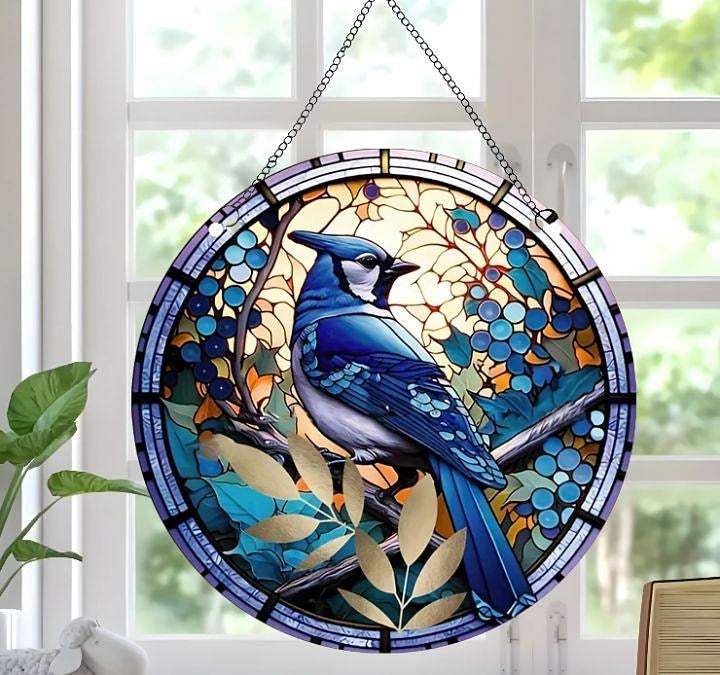 Stained glass acrylic suncatcher, Bluejay design, No. 7.