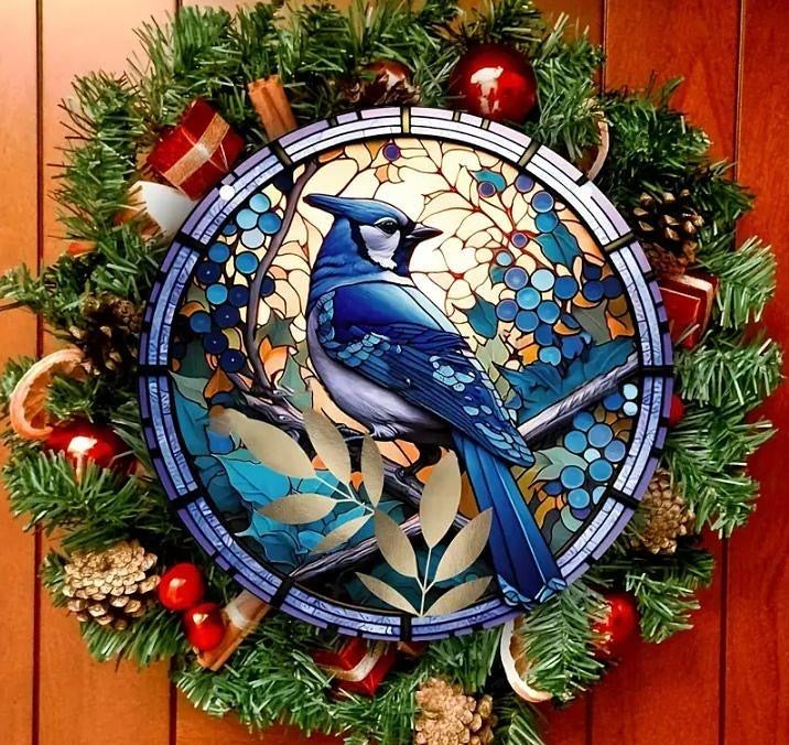 Stained glass acrylic suncatcher, Bluejay design, No. 7.