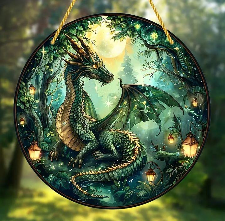 Large green dragon stained glass acrylic suncatcher.