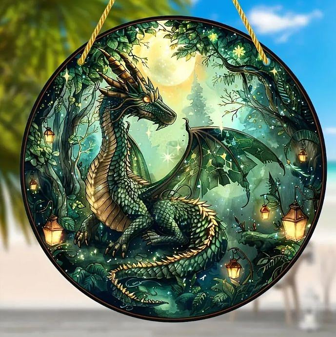 Large green dragon stained glass acrylic suncatcher.