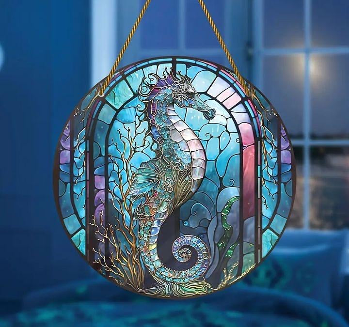 Large stained glass-style acrylic seahorse suncatcher, underwater theme.