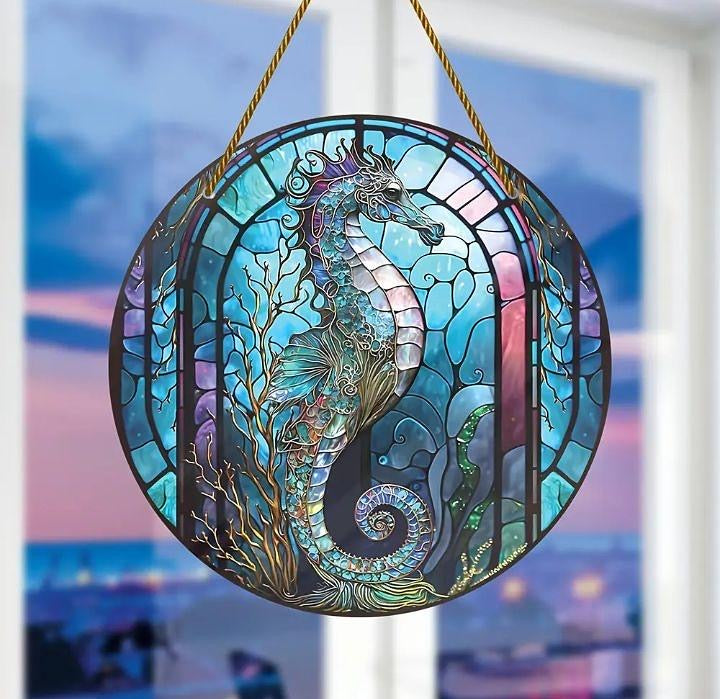 Large stained glass-style acrylic seahorse suncatcher, underwater theme.