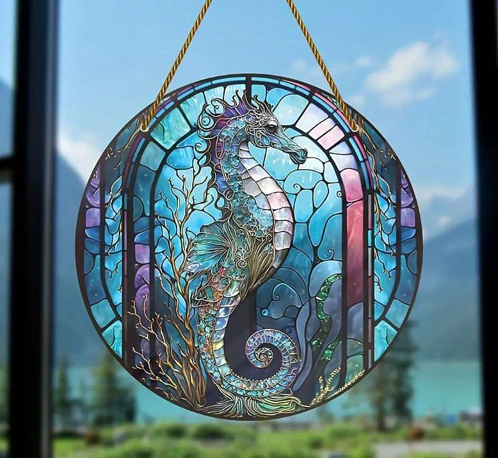 Large stained glass-style acrylic seahorse suncatcher, underwater theme.