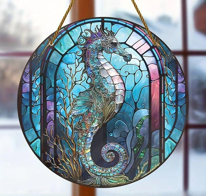 Large stained glass-style acrylic seahorse suncatcher, underwater theme.