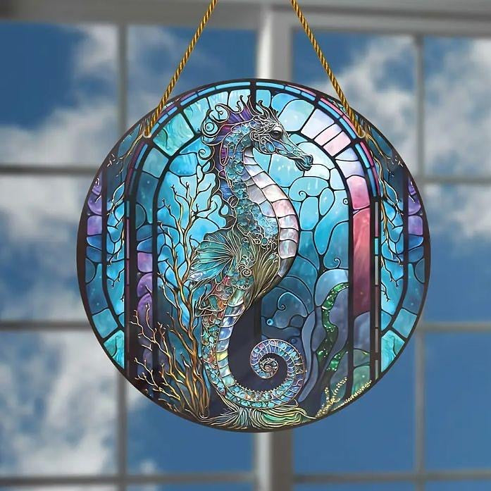 Large stained glass-style acrylic seahorse suncatcher, underwater theme.