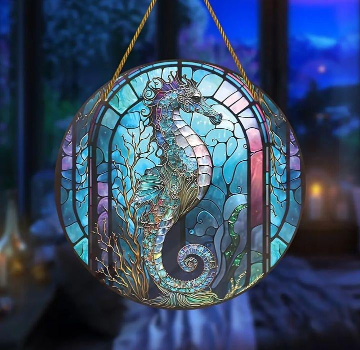 Large stained glass-style acrylic seahorse suncatcher, underwater theme.