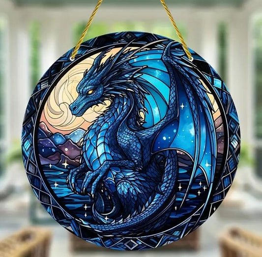 Stained glass acrylic suncatcher: blue dragon design, number 2.